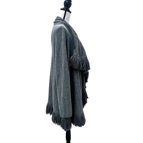 CATHERINE MALANDRINO GRAY WOOL & CASHMERE RIBBED KNIT OPEN CARDIGAN WITH FRINGE - Picture 5 of 13